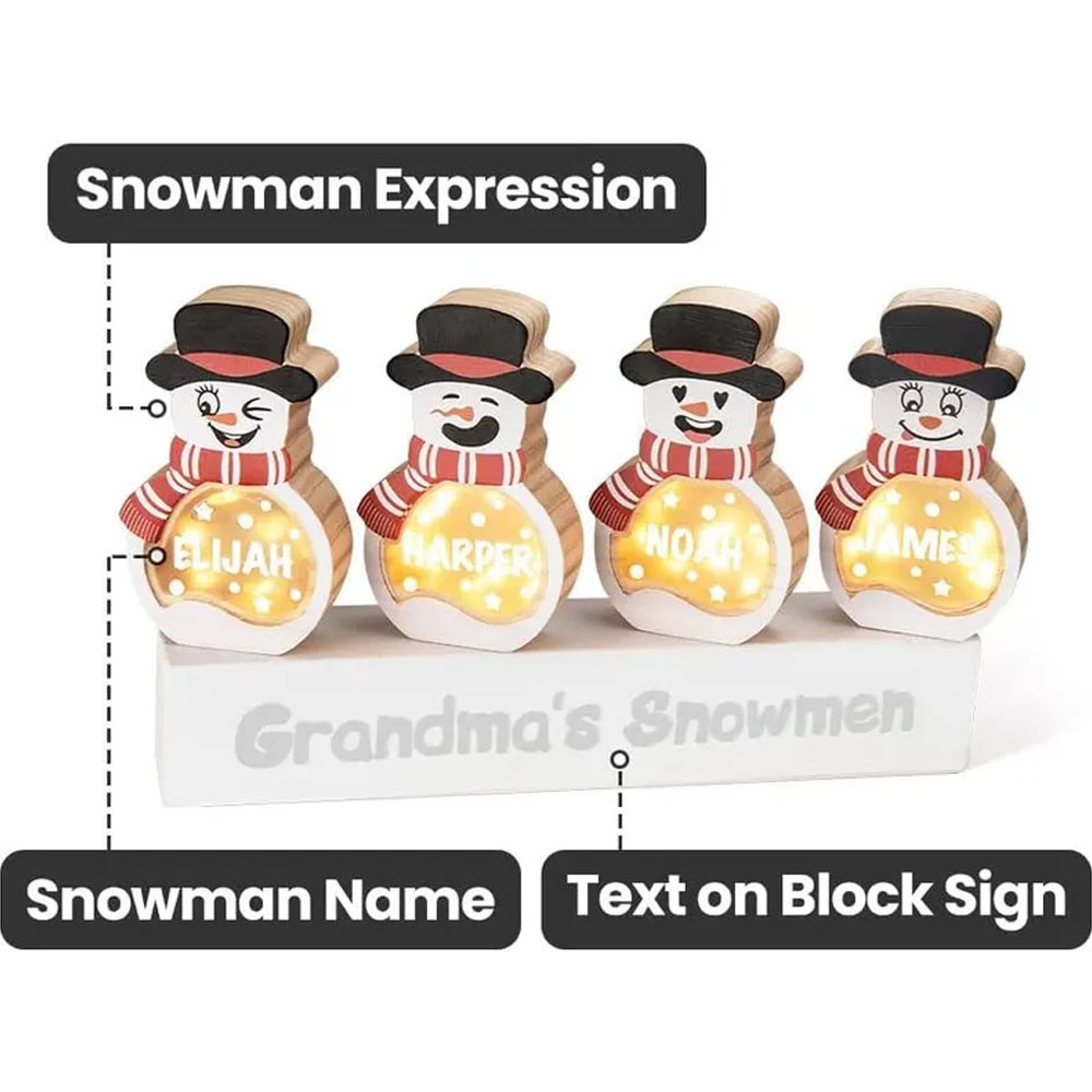 Personalized Snowman LED Light Wooden Decor, Tabletop Name Block Sign, Holiday Party Essentials Winter, Christmas Gift for Family Kids