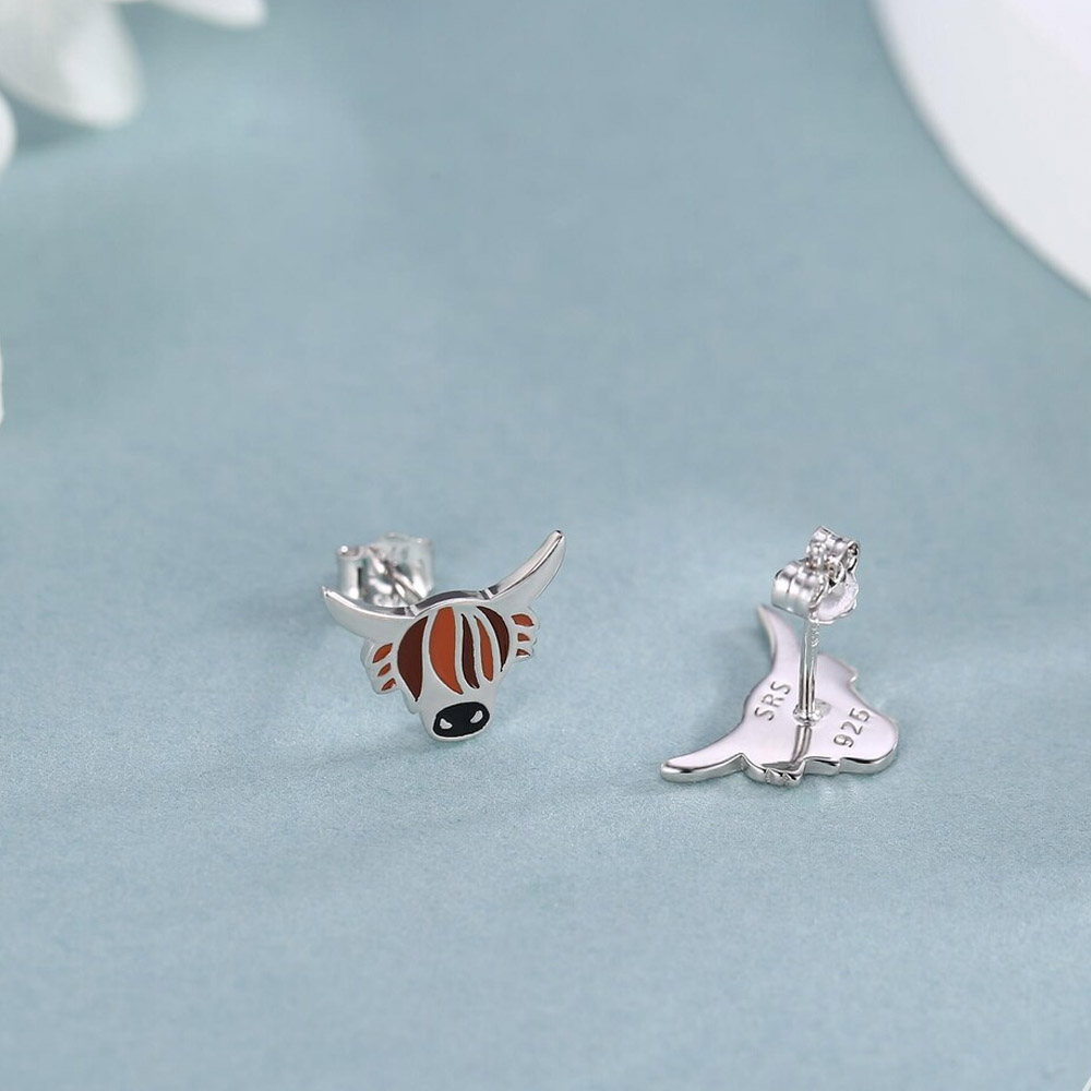 Enamel Highland Cow Stud Earrings in Sterling Silver, Highland Bull Earrings, Cow Earrings, Scottish Design