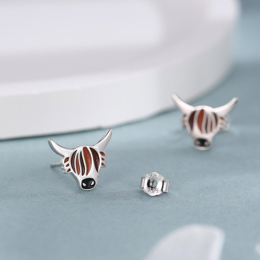 Enamel Highland Cow Stud Earrings in Sterling Silver, Highland Bull Earrings, Cow Earrings, Scottish Design