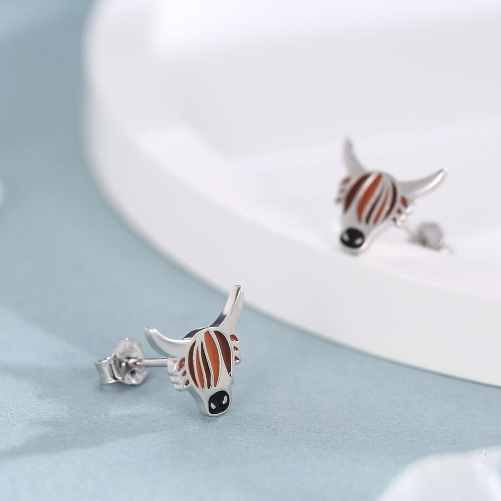 Enamel Highland Cow Stud Earrings in Sterling Silver, Highland Bull Earrings, Cow Earrings, Scottish Design