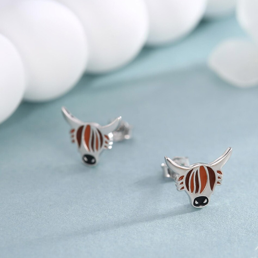 Enamel Highland Cow Stud Earrings in Sterling Silver, Highland Bull Earrings, Cow Earrings, Scottish Design