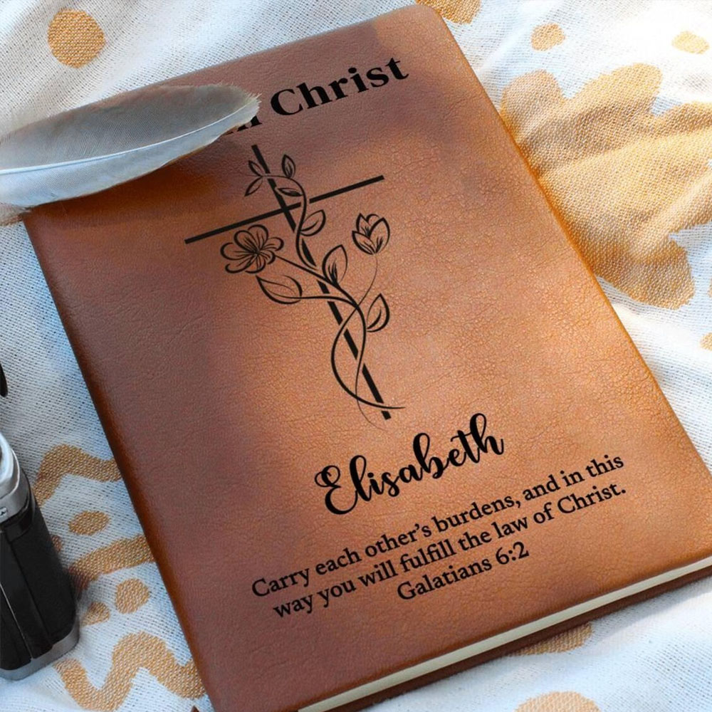 Personalized Leather Journal To Sister In Christ, Custom Name and Bible Verse Notebook, Christian Gift, Flower Cross Christian Baptism Gift