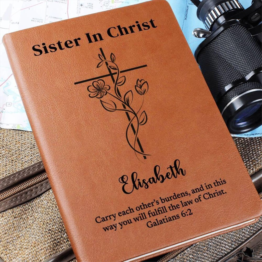 Personalized Leather Journal To Sister In Christ, Custom Name and Bible Verse Notebook, Christian Gift, Flower Cross Christian Baptism Gift