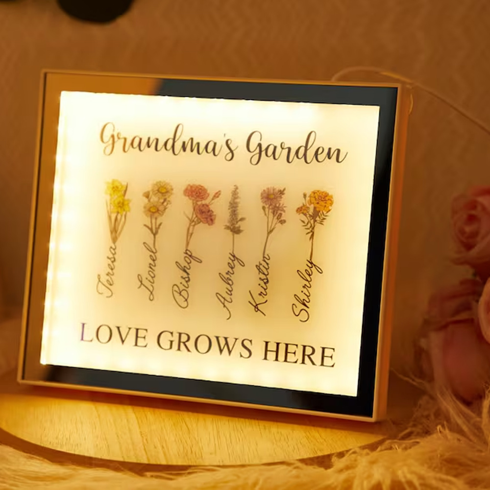 Personalized Photo Light, LED Mirror Lamp, Night Light and Mirror Two in One, Birth Month Flower, Grandma's Garden, Grandma Gift, Gift for Mom