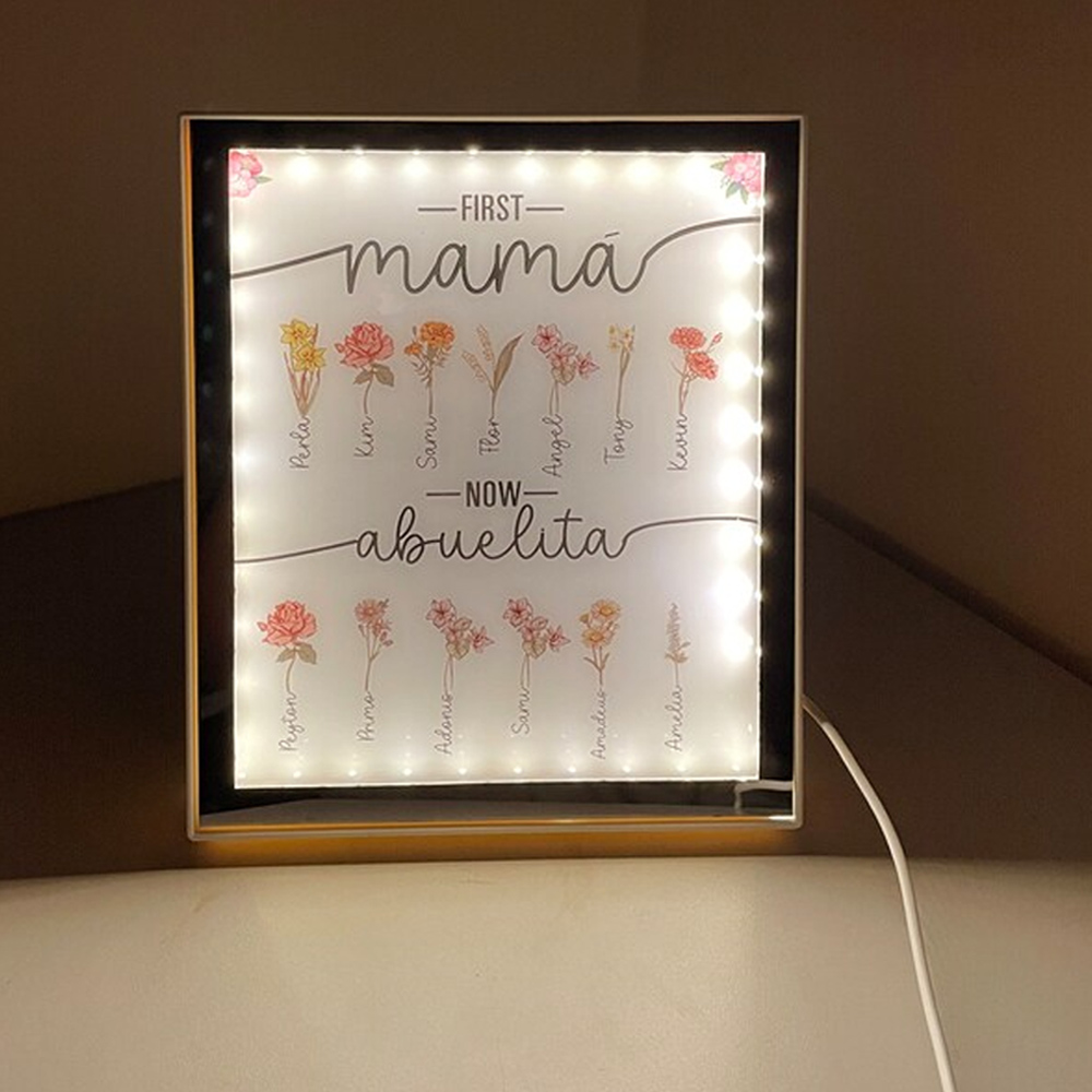 Personalized Photo Light, LED Mirror Lamp, Night Light and Mirror Two in One, Birth Month Flower, Grandma's Garden, Grandma Gift, Gift for Mom