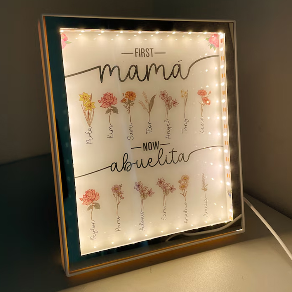 Personalized Photo Light, LED Mirror Lamp, Night Light and Mirror Two in One, Birth Month Flower, Grandma's Garden, Grandma Gift, Gift for Mom