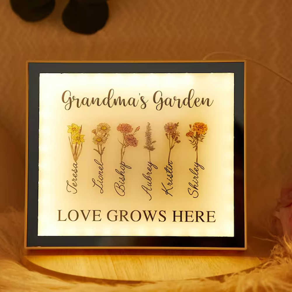 Personalized Photo Light, LED Mirror Lamp, Night Light and Mirror Two in One, Birth Month Flower, Grandma's Garden, Grandma Gift, Gift for Mom