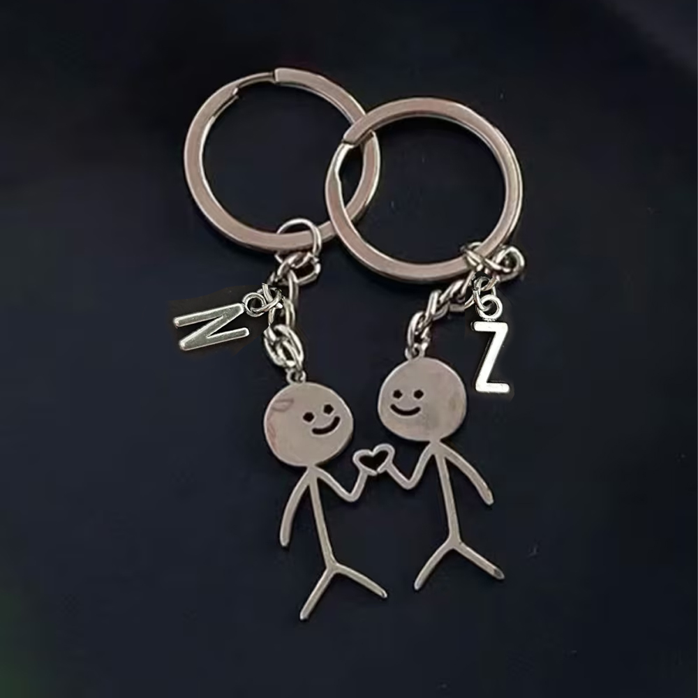 Couples Matching Keyring with Initial, 2 Pcs/Set Abstract Cute Figure with Heart Keychain, Heart Keyring Two Part, Valentine Hearts, Silver Tone Keyring