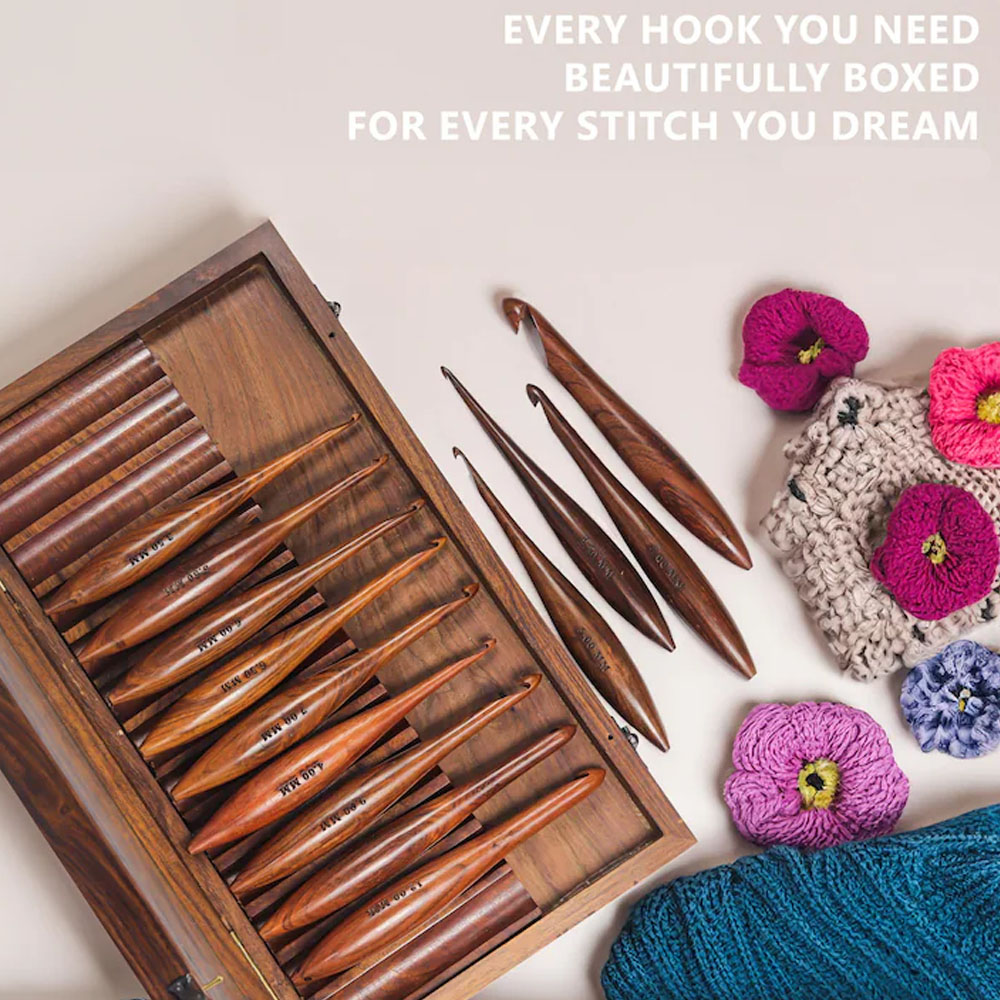 Personalized Wooden Crochet Hooks With Wooden Box 13 Pieces Set,Premium Crochet Hooks，Knitting and Crocheting, Crochets Set With Case,Happy Hooker