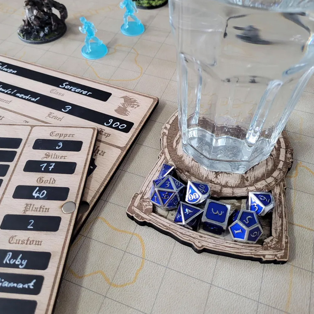 Personalized DND Class Dice Holder Coaster, Wood Laser Engraved with Dice Tray, DM Gifts