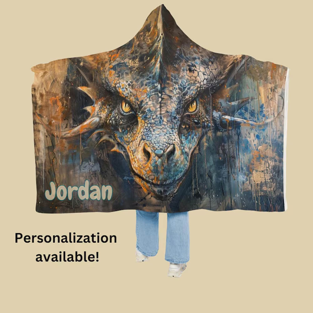 Personalized Hooded Blanket, Ultra Soft Microfleece or Sherpa Lined Cozy Blanket with Fierce Dragon Design