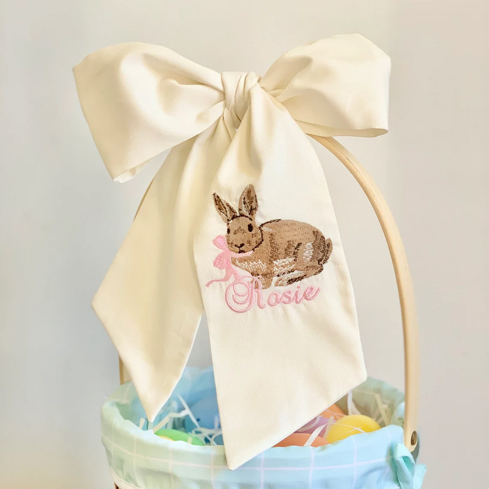 Easter Basket Sash with Vintage Chocolate Bunny, Customizable Name and Bow Colors, Holiday, Spring, Easter