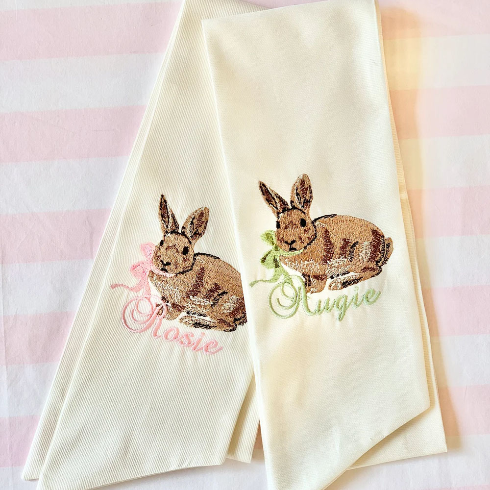 Easter Basket Sash with Vintage Chocolate Bunny, Customizable Name and Bow Colors, Holiday, Spring, Easter