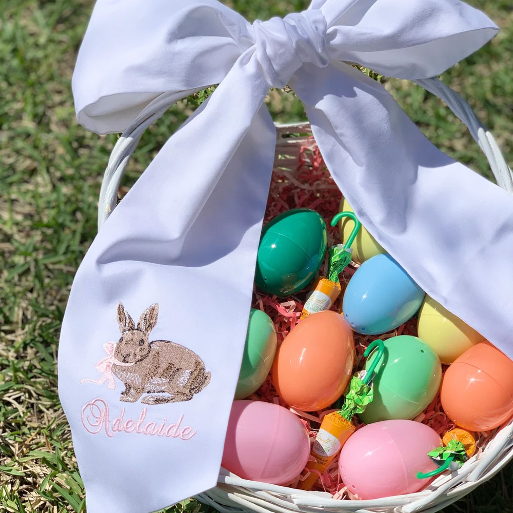 Easter Basket Sash with Vintage Chocolate Bunny, Customizable Name and Bow Colors, Holiday, Spring, Easter