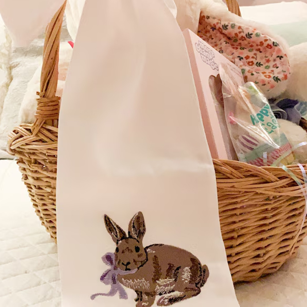 Easter Basket Sash with Vintage Chocolate Bunny, Customizable Name and Bow Colors, Holiday, Spring, Easter