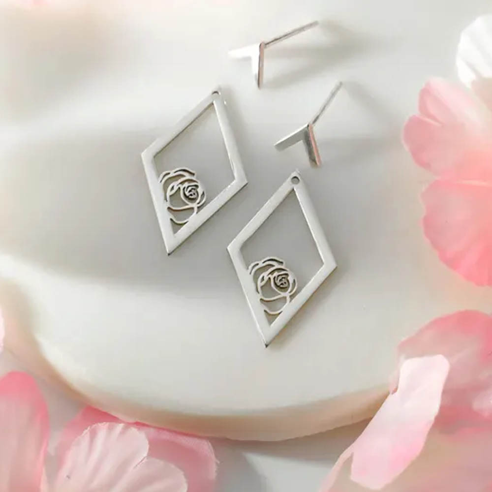 Personalized Birth Flower Ear Jacket Earrings, Ear Jacket Earrings, Custom Flower Earrings, Rhombus Earrings, Geometric Earrings With Birth Month Flower