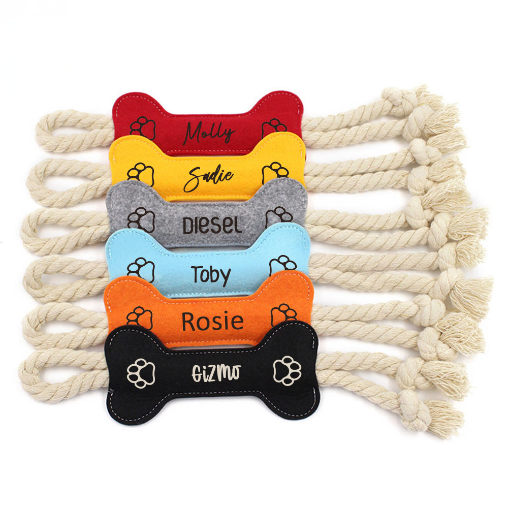 Multi-Colored Cotton Rope Felt Bone-Shaped Dog Toys, Dog Teeth Bone Sticks, Custom Name Pet Chew Toys