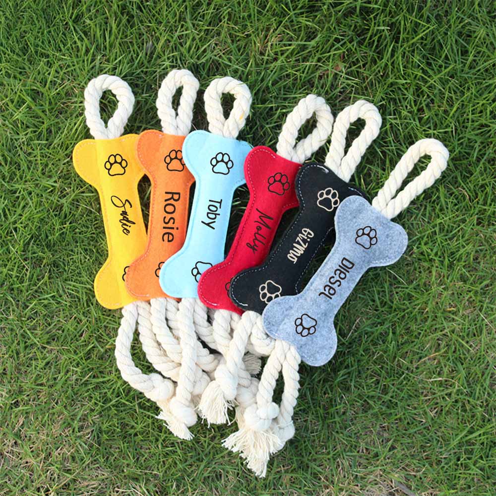 Multi-Colored Cotton Rope Felt Bone-Shaped Dog Toys, Dog Teeth Bone Sticks, Custom Name Pet Chew Toys