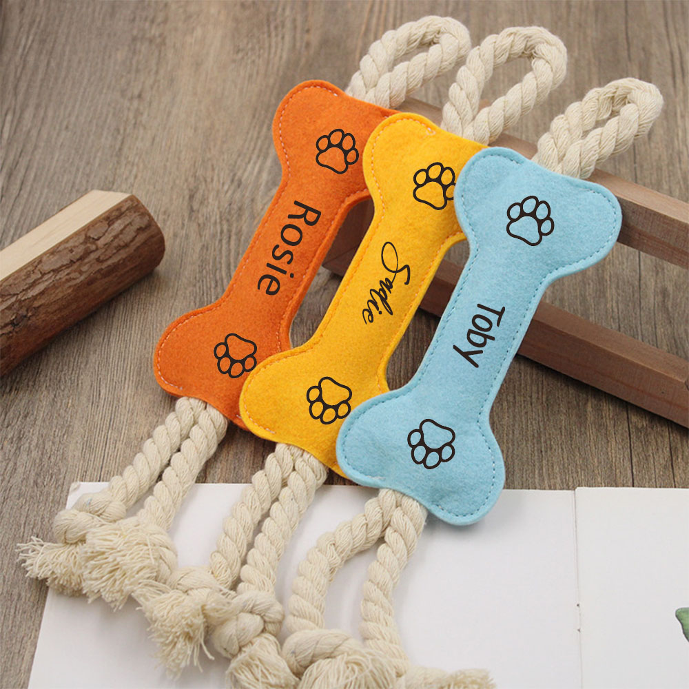 Multi-Colored Cotton Rope Felt Bone-Shaped Dog Toys, Dog Teeth Bone Sticks, Custom Name Pet Chew Toys