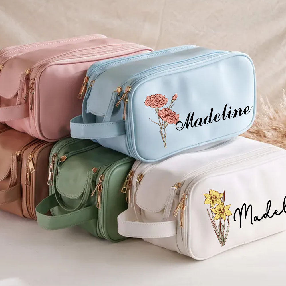 Personalized Birth Flower Makeup Bag with Name, Embroidered Leather Toiletry Bags, Custom Cosmetic Bag, Makeup Organizer, Christmas Gift for Her, Bridesmaid Gifts