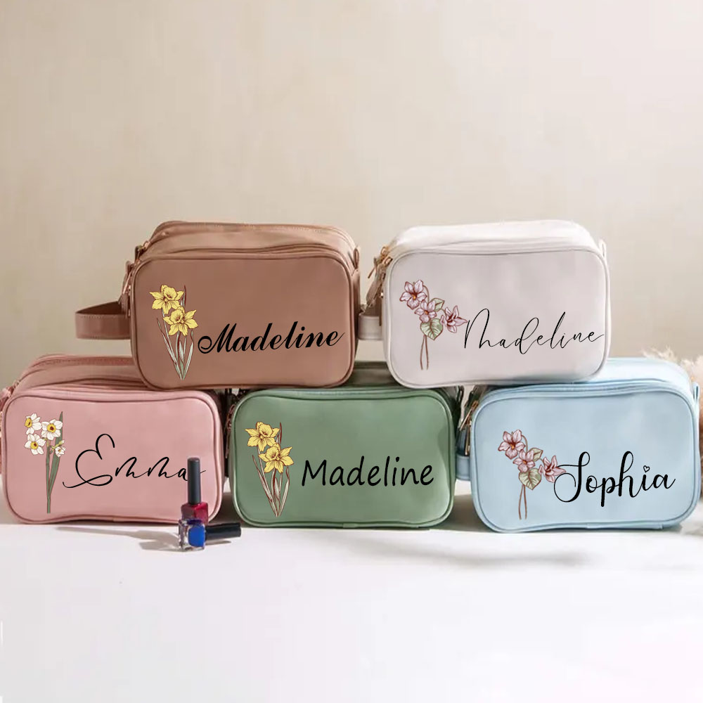 Personalized Birth Flower Makeup Bag with Name, Embroidered Leather Toiletry Bags, Custom Cosmetic Bag, Makeup Organizer, Christmas Gift for Her, Bridesmaid Gifts