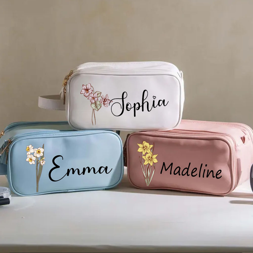 Personalized Birth Flower Makeup Bag with Name, Embroidered Leather Toiletry Bags, Custom Cosmetic Bag, Makeup Organizer, Christmas Gift for Her, Bridesmaid Gifts