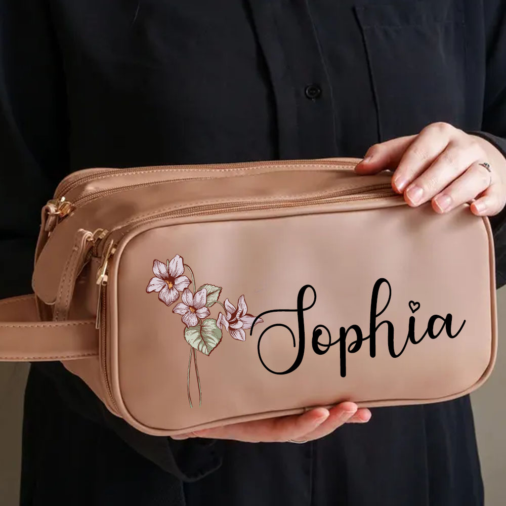 Personalized Birth Flower Makeup Bag with Name, Embroidered Leather Toiletry Bags, Custom Cosmetic Bag, Makeup Organizer, Christmas Gift for Her, Bridesmaid Gifts