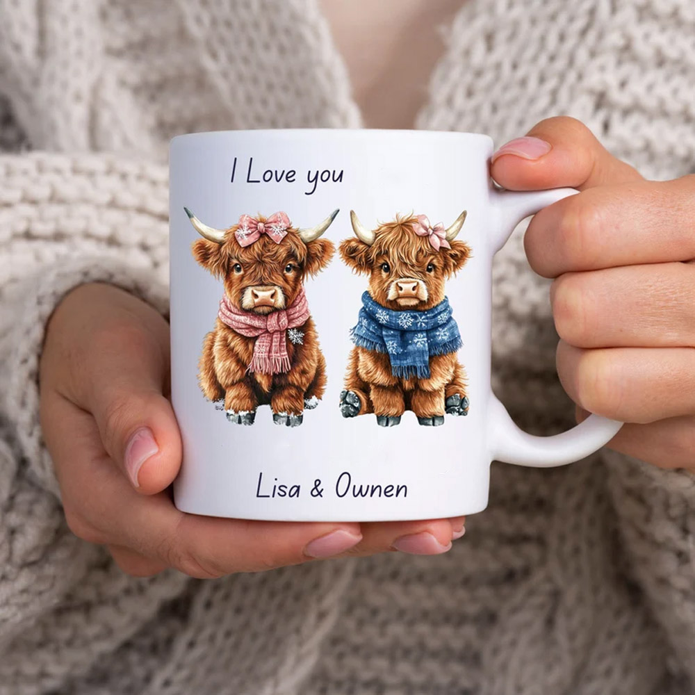 Personalized Couples Gift Highland Cow Coffee Cup Anniversary Custom Name Grandchildren Tea Cup Farm Animal Brother Sister Tumbler Mom Mug