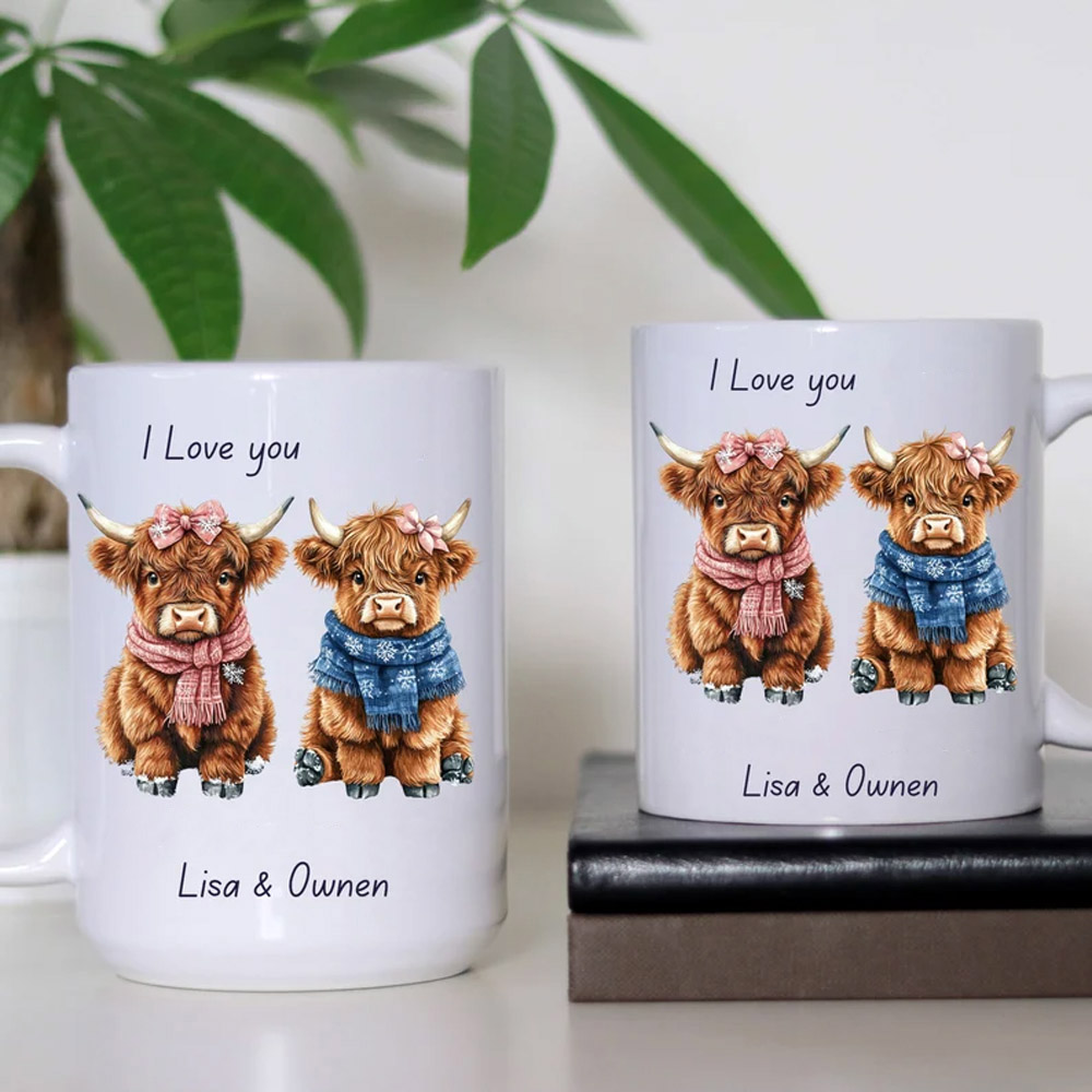 Personalized Couples Gift Highland Cow Coffee Cup Anniversary Custom Name Grandchildren Tea Cup Farm Animal Brother Sister Tumbler Mom Mug