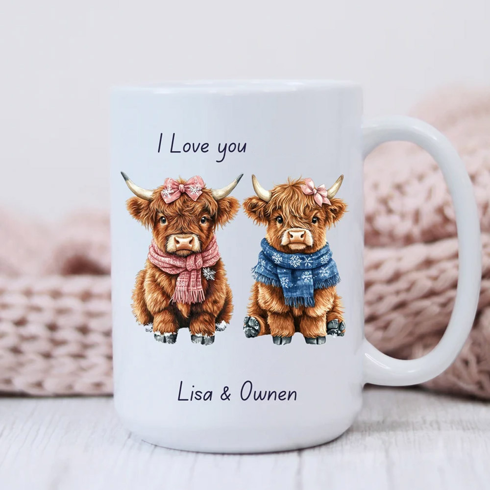 Personalized Couples Gift Highland Cow Coffee Cup Anniversary Custom Name Grandchildren Tea Cup Farm Animal Brother Sister Tumbler Mom Mug