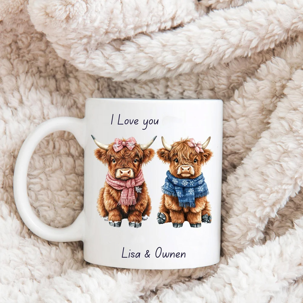 Personalized Couples Gift Highland Cow Coffee Cup Anniversary Custom Name Grandchildren Tea Cup Farm Animal Brother Sister Tumbler Mom Mug