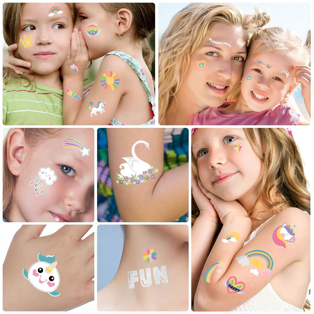 Waterproof Temporary Tattoos - 118pcs Groovy Fake Tattoo for Kids Birthday Party Supplies, Star Unicorn Smiley Rainbow Flower Candy Crown Arts and Crafts for Boys or Girls 6 7 8 9 10 11 12 Years Old