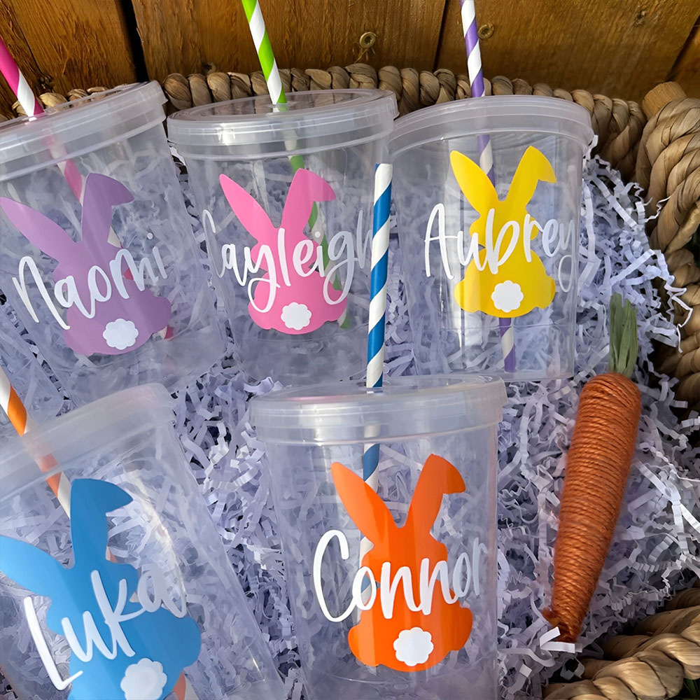 Custom Easter Cups for Kids, Party Clear Plastic Cups with Name and Bunny, Drinking Water Cups Reusable, Easter Decor Accessories, Gifts for Girls/Boys