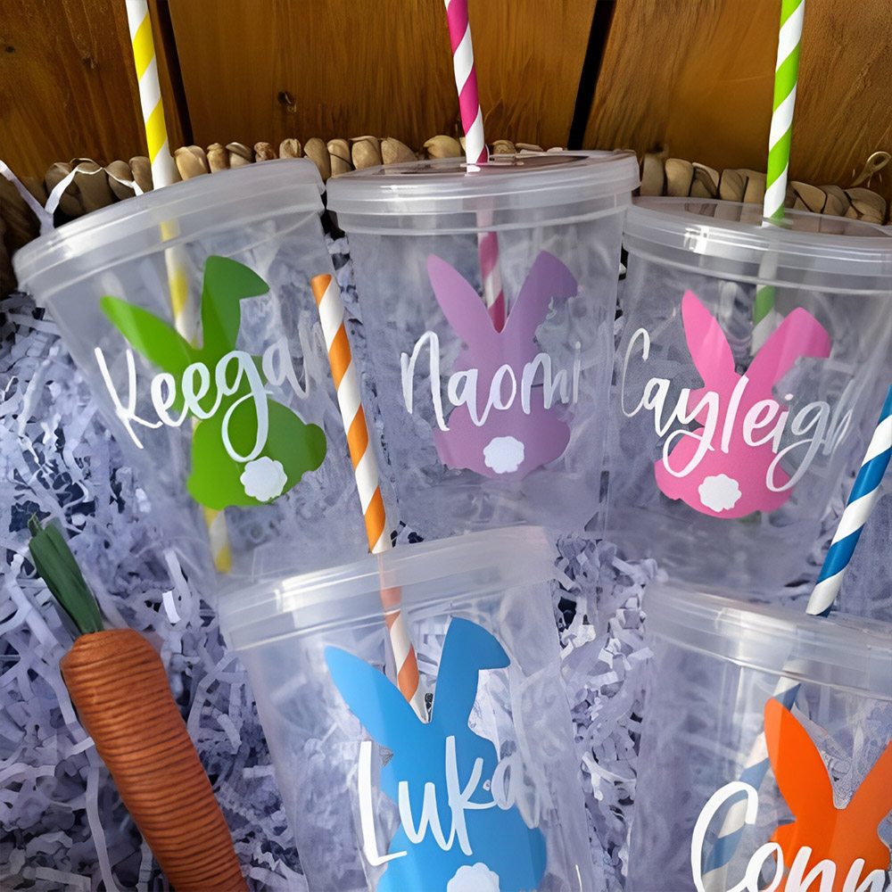 Custom Easter Cups for Kids, Party Clear Plastic Cups with Name and Bunny, Drinking Water Cups Reusable, Easter Decor Accessories, Gifts for Girls/Boys