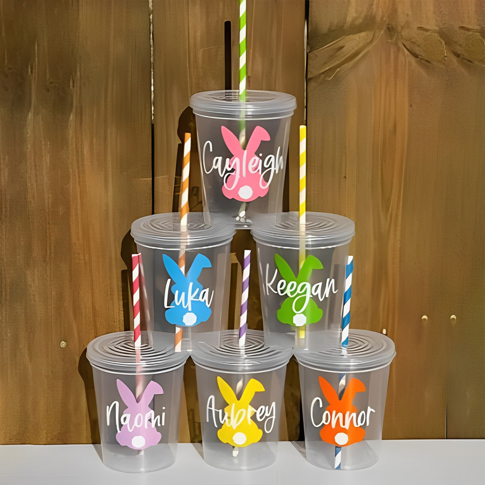 Custom Easter Cups for Kids, Party Clear Plastic Cups with Name and Bunny, Drinking Water Cups Reusable, Easter Decor Accessories, Gifts for Girls/Boys