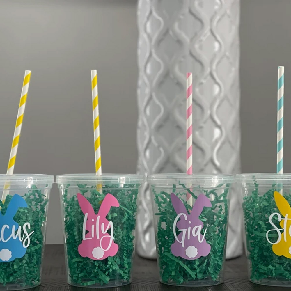 Custom Easter Cups for Kids, Party Clear Plastic Cups with Name and Bunny, Drinking Water Cups Reusable, Easter Decor Accessories, Gifts for Girls/Boys