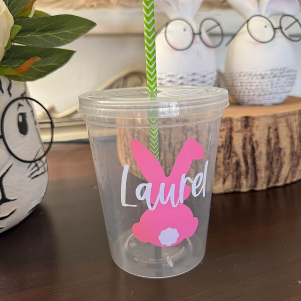 Custom Easter Cups for Kids, Party Clear Plastic Cups with Name and Bunny, Drinking Water Cups Reusable, Easter Decor Accessories, Gifts for Girls/Boys