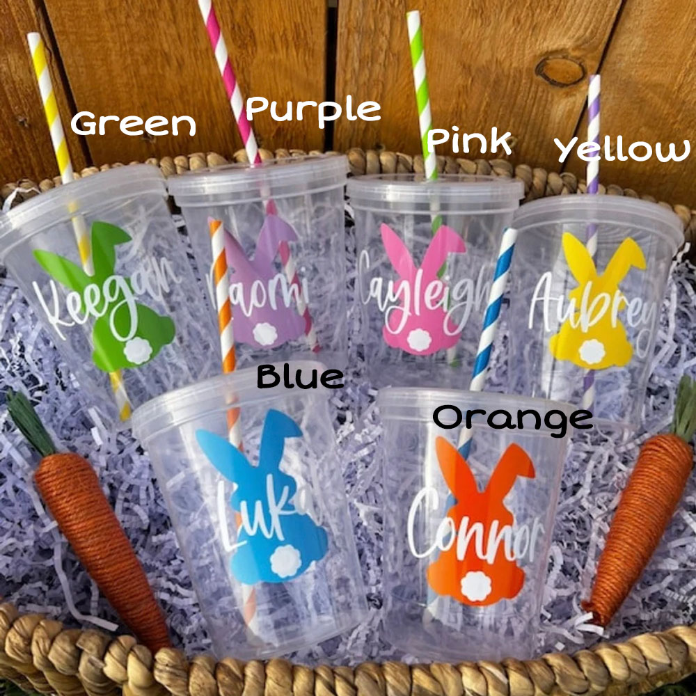 Custom Easter Cups for Kids, Party Clear Plastic Cups with Name and Bunny, Drinking Water Cups Reusable, Easter Decor Accessories, Gifts for Girls/Boys