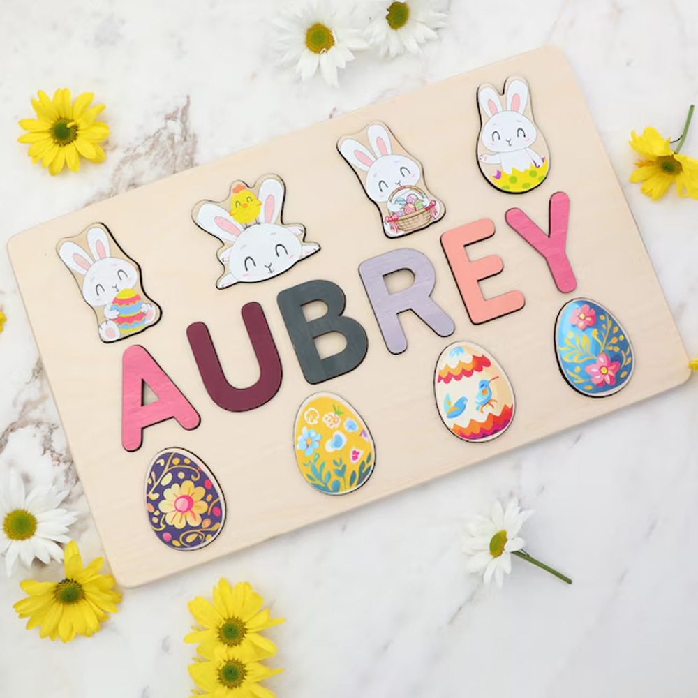 Personalized Wooden Easter Eggs Name Puzzle Toys for Toddlers 1-3 Year Old Girl Boy, Customized Puzzle Easter Bunny for Kids, Easter Gifts for Baby