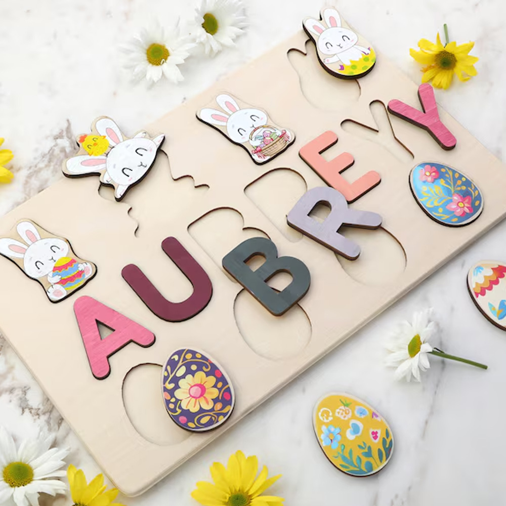 Personalized Wooden Easter Eggs Name Puzzle Toys for Toddlers 1-3 Year Old Girl Boy, Customized Puzzle Easter Bunny for Kids, Easter Gifts for Baby