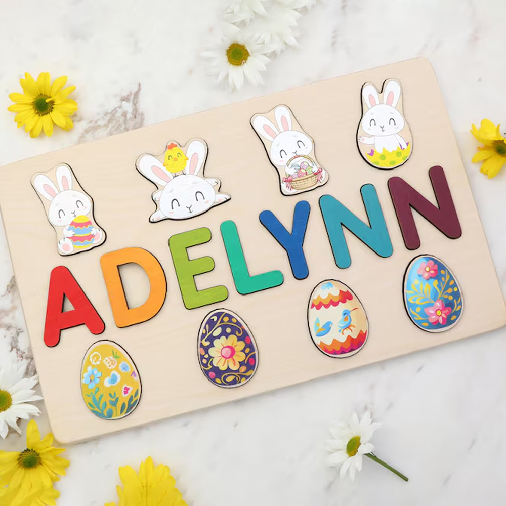 Personalized Wooden Easter Eggs Name Puzzle Toys for Toddlers 1-3 Year Old Girl Boy, Customized Puzzle Easter Bunny for Kids, Easter Gifts for Baby