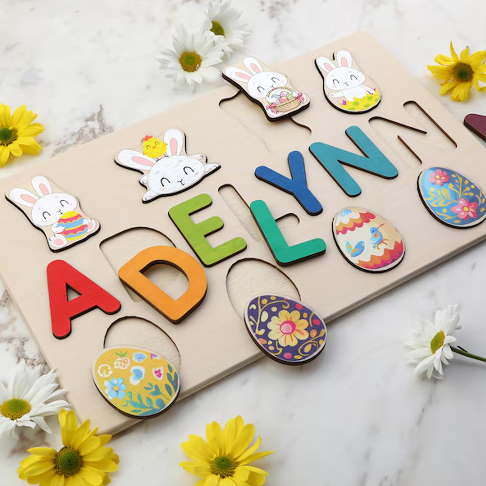 Personalized Wooden Easter Eggs Name Puzzle Toys for Toddlers 1-3 Year Old Girl Boy, Customized Puzzle Easter Bunny for Kids, Easter Gifts for Baby