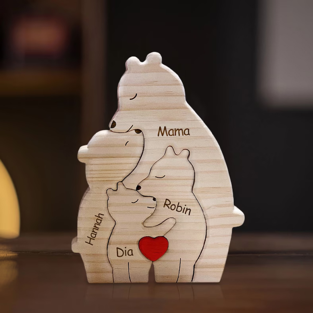 Personalized Wooden Single Parent Bear Winter Family Puzzle with Name, Family Games for Kids and Adults Women Men, Home Decor, Gifts for Single Mom Dad