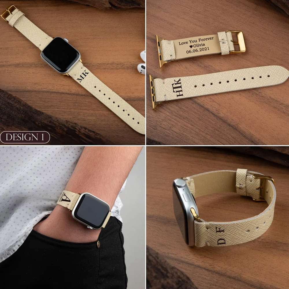 Personalized Leather Apple Watch Bands for Men, iWatch Bands 44mm, Apple/Samsung/Fitbit Watch Bands Engraved Name, Gift for Husband Boyfriend Dad Him