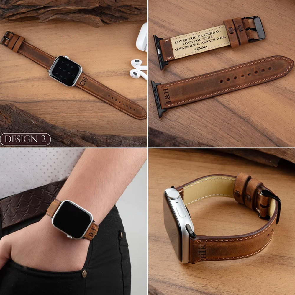 Personalized Leather Apple Watch Bands for Men, iWatch Bands 44mm, Apple/Samsung/Fitbit Watch Bands Engraved Name, Gift for Husband Boyfriend Dad Him