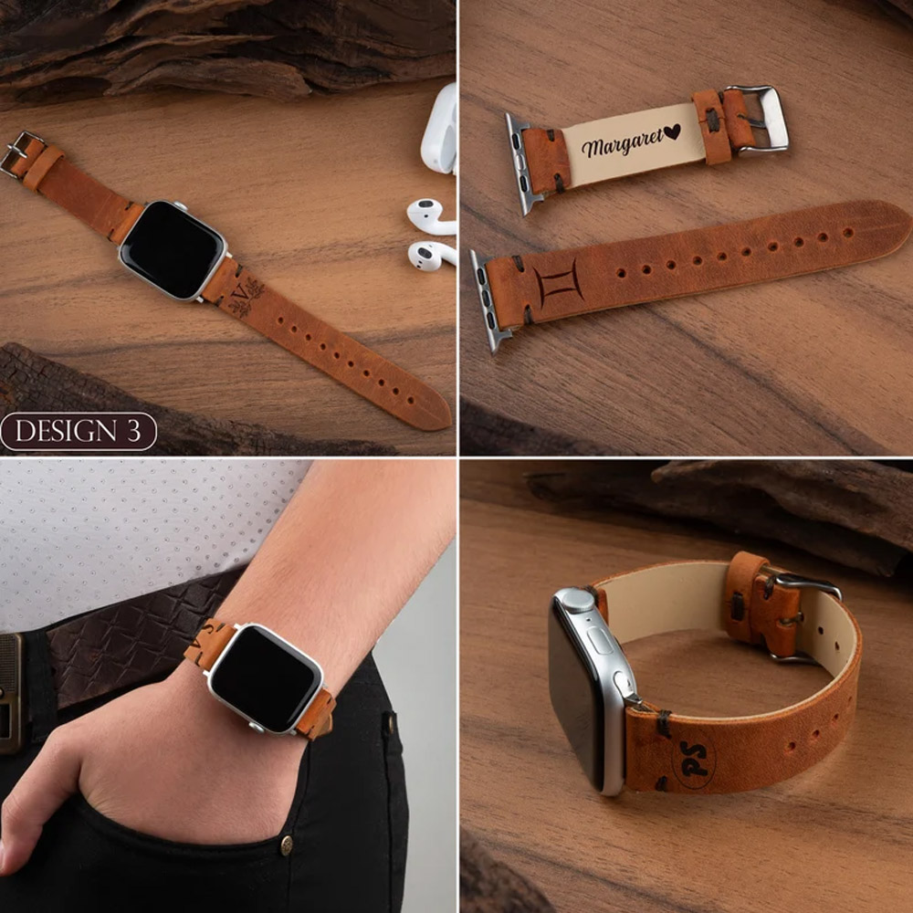 Personalized Leather Apple Watch Bands for Men, iWatch Bands 44mm, Apple/Samsung/Fitbit Watch Bands Engraved Name, Gift for Husband Boyfriend Dad Him