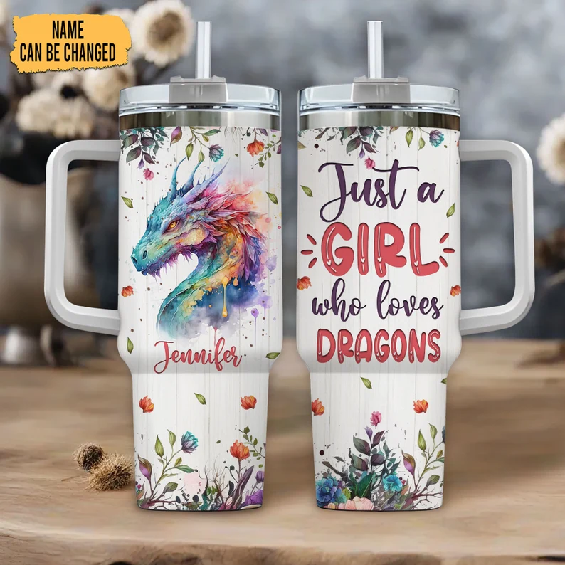 Personalized Dragon 40oz Tumbler With Handle And Straw, Just A Girl Who Loves Dragons, Dragon Gifts For Women, Gifts For Her, Birthday Gifts