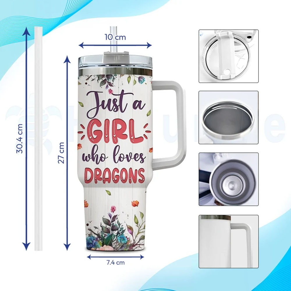 Personalized Dragon 40oz Tumbler With Handle And Straw, Just A Girl Who Loves Dragons, Dragon Gifts For Women, Gifts For Her, Birthday Gifts