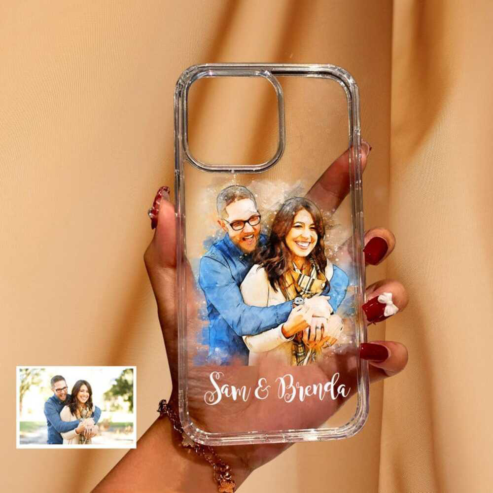 Custom Watercolor Couple Photo Phone Case, Valentine's Day Gift with Names