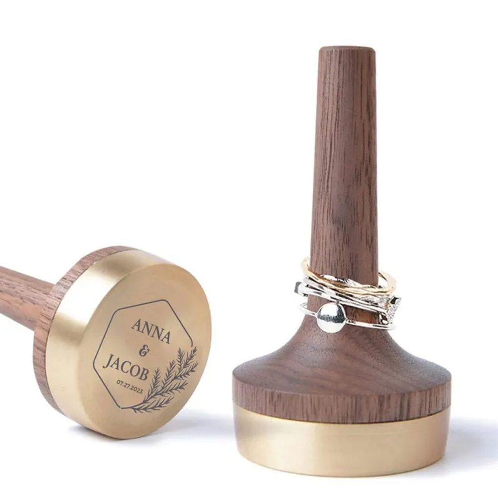 Personalized Walnut Ring Holder/Stand (Solid Brass), Jewelry Display, Jewelry Organizer, Engagement Ring Storage, Anniversary, Wedding Gift